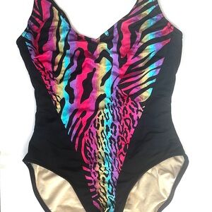 Women’s Vintage Slimsuit- Vibrant Animal print 80s/90s Bliss! Sz 14